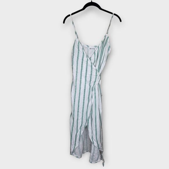 Reformation Women Court Linen Wrap Midi Dress Green Stripe Sm Petite Whispercore - Picture 2 of 7